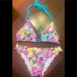 SEXY HEAT Bikini Pink/Teal Hawaiian Print Triangle Top XL Brazilian Bottom M